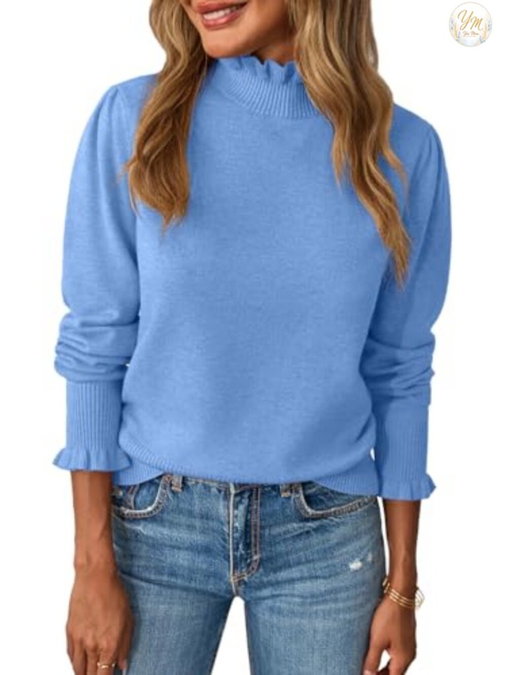Ruffle Mock Neck Puff Sleeve Knit Pullover Sweater